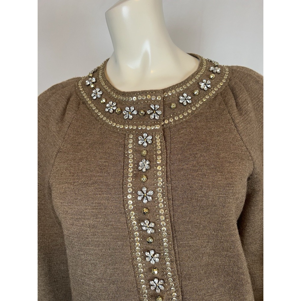 Tracy Reese Beautiful Beaded  Brown Wool Wide Sleeve Shift Dress Small Damaged - Picture 2 of 14